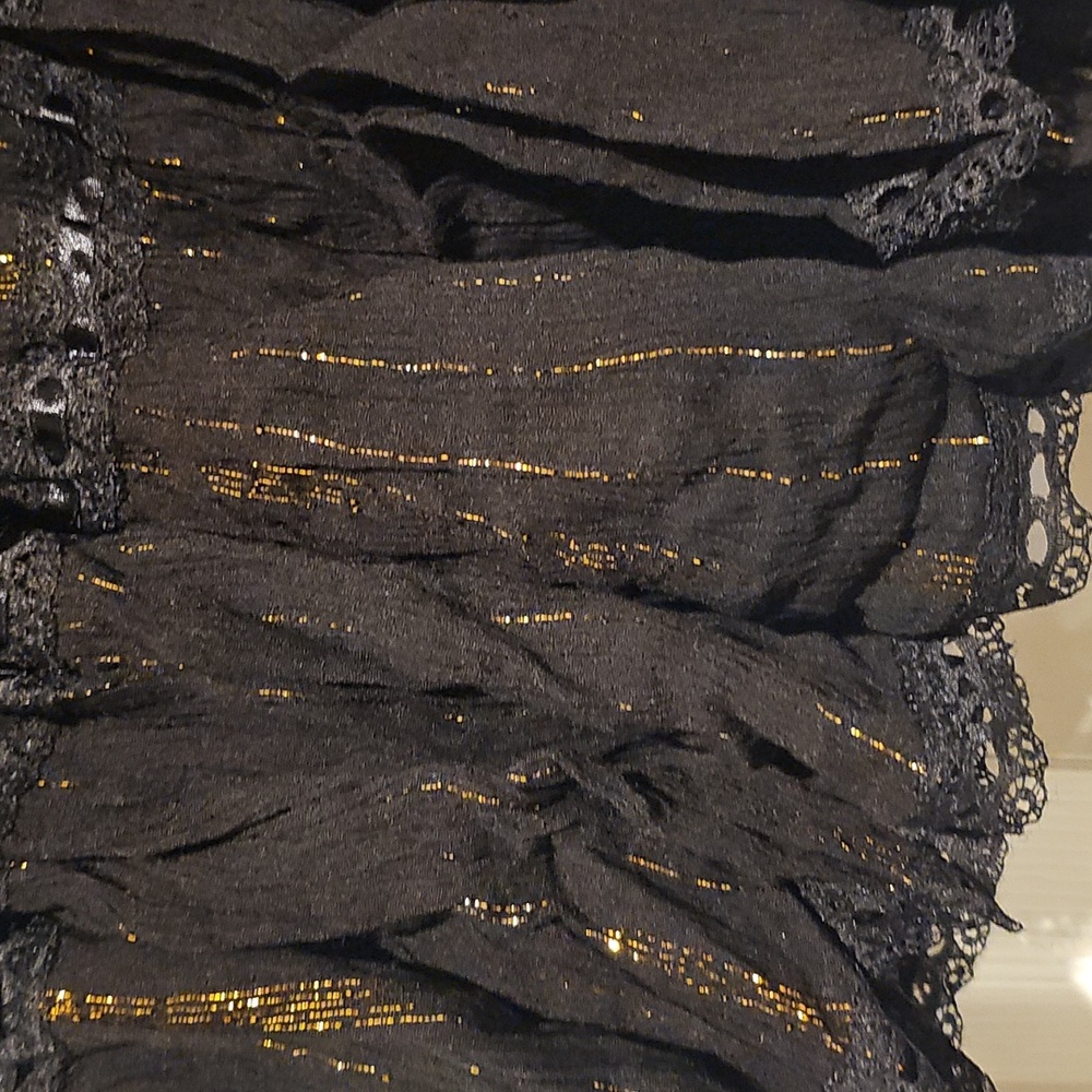 Derek Heart Black & Gold Tiered Boho Skirt | Metallic Thread Lace Trim | Size M - Picture 5 of 5